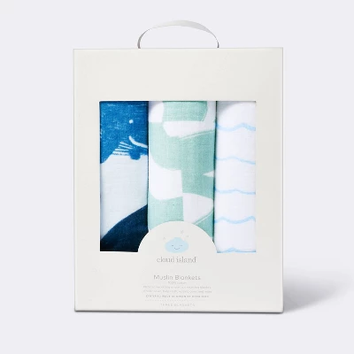Muslin Swaddle Blanket - White/Blue - 3pk - Cloud Island™ 2 Muslin Swaddle Blanket - White/Blue - 3pk - Cloud Island™ - Image 2